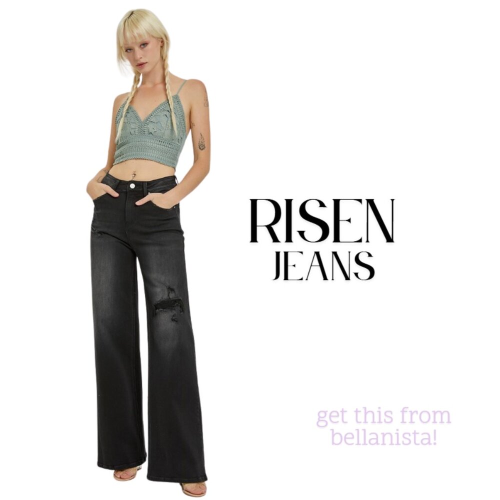5522 RISEN Mid-High Rise Washed Black Stretch Wide Leg Jeans